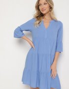 Sublevel Rochie Albastră Cloș din Viscoză cu Volane Izleia