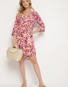 Sublevel Rochie Galben-Bordo de Viscoză Evazată cu Model Abstract Liracalia
