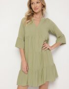 Sublevel Rochie Verde Evazată din Viscoză cu Volane Izleia
