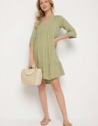 Sublevel Rochie Verde Evazată din Viscoză cu Volane Izleia