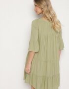 Sublevel Rochie Verde Evazată din Viscoză cu Volane Izleia