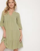 Sublevel Rochie Verde Evazată din Viscoză cu Volane Izleia