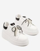 super mode Adidași Albi-Negri cu Platformă Decorați cu Lanț din Perle de Balenă