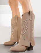 super mode Cizme bej închis cowboy cu toc cu gambă răsfrântă și broderie Emmirine