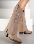 super mode Cizme bej închis cowboy cu toc cu gambă răsfrântă și broderie Emmirine