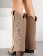 super mode Cizme bej închis cowboy cu toc cu gambă răsfrântă și broderie Emmirine