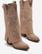 super mode Cizme bej închis cowboy cu toc cu gambă răsfrântă și broderie Emmirine