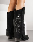 super mode Cizme Negre tip Cowboy cu Toc cu Tija Întoarsă și Broderie Emmirine