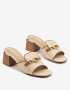 super mode Papuci Bej cu toc gros cu branț din piele cu aplicație și ornamente din tweed Lavkio
