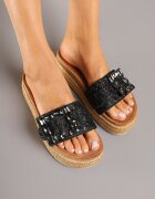 super mode Papuci Negre pe Platformă Împletită cu Cataramă Decorativă Sorevia