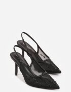 super mode Sandale Negre Din plasă Slingback cu toc stiletto cu strasuri Eshirvyn