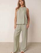sweet&girl Compleu de vară din bumbac și in pantaloni și bluză cu detaliu împletituri Domia Verde