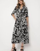 sweet&girl Rochie Cămașă Alb-Negru cu Model Floral cu Curea Legată Rosallen