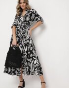 sweet&girl Rochie Cămașă Alb-Negru cu Model Floral cu Curea Legată Rosallen