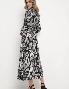 sweet&girl Rochie Cămașă Alb-Negru cu Model Floral cu Curea Legată Rosallen