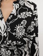 sweet&girl Rochie Cămașă Alb-Negru cu Model Floral cu Curea Legată Rosallen