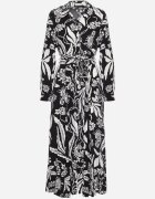 sweet&girl Rochie Cămașă Alb-Negru cu Model Floral cu Curea Legată Rosallen
