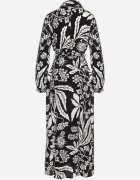 sweet&girl Rochie Cămașă Alb-Negru cu Model Floral cu Curea Legată Rosallen