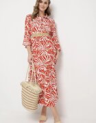 sweet&girl Rochie Cloș Portocaliu-Alb Maxi cu Volan și Model Botanic Maticia