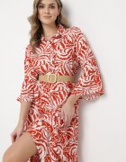 sweet&girl Rochie Cloș Portocaliu-Alb Maxi cu Volan și Model Botanic Maticia