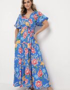 sweet&girl Rochie Maxi Albastră cu elastic în talie cu mâneci largi și imprimeu floral Nodriala
