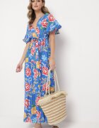 sweet&girl Rochie Maxi Albastră cu elastic în talie cu mâneci largi și imprimeu floral Nodriala