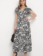 sweet&girl Rochie Neagră Cloș Maxi cu Mânecă Largă cu Imprimeu Floral Oxeria