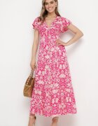 sweet&girl Rochie Roz Evazată Maxi cu Mânecă Largă cu Imprimeu Floral Oxeria