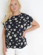 sweet lady Bluză Neagră Oversize cu Flori cu Mânecă Scurtă Suzane
