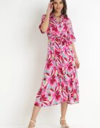 sweewe Rochie Fucsia Tip Cămașă din Viscoză cu Flori și cu Cordon de legat Fstrid
