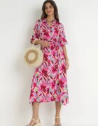 sweewe Rochie Fucsia Tip Cămașă din Viscoză cu Flori și cu Cordon de legat Fstrid