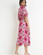 sweewe Rochie Fucsia Tip Cămașă din Viscoză cu Flori și cu Cordon de legat Fstrid