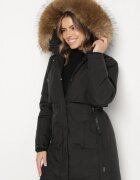 swest Geacă Parka Neagră Casuală cu Glugă cu Blană Nallorea