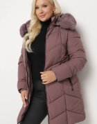 swest Jachetă Matlasată Violet închis cu Cusături Decorative Decorată cu Blană Sarittia
