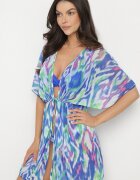 swest Kimono tip plasă albastru cu model abstract și legătură Revarella