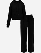 swest Set de trening din tricot rib pantaloni largi și bluză cu glugă Sinoh Negru