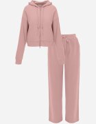 swest Set de trening din tricot rib pantaloni largi și bluză cu glugă Sinoh Roz
