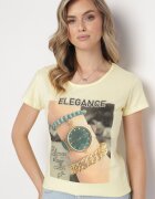  T-shirt Galben din Bumbac cu Imprimeu Dreptunghiular și Sclipici Silpa