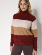 tandem Pulover pe gât Bordo Oversize cu Dungi Largi cu Amestec de Cașmir Nellemia