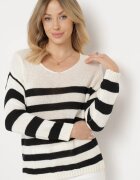 tricot station Pulover Bej și Negru cu dungi cu decolteu triunghiular și mânecă lungă Oviunna