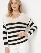 tricot station Pulover Bej și Negru cu dungi cu decolteu triunghiular și mânecă lungă Oviunna