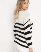 tricot station Pulover Bej și Negru cu dungi cu decolteu triunghiular și mânecă lungă Oviunna