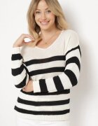 tricot station Pulover Bej și Negru cu dungi cu decolteu triunghiular și mânecă lungă Oviunna