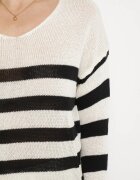 tricot station Pulover Bej și Negru cu dungi cu decolteu triunghiular și mânecă lungă Oviunna