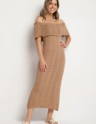 tricot station Rochie ajurată bej închis stil spaniolă cu decolteu răsfrânt Filiorra