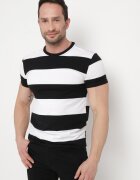  Tricou Casual Negru-Alb cu Mânecă Scurtă din Bumbac în Dungi Benneli