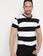  Tricou Casual Negru-Alb cu Mânecă Scurtă din Bumbac în Dungi Benneli
