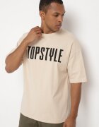  Tricou de bumbac bej cu mânecă scurtă și imprimeuri decorative pe spate și pe față Azariel