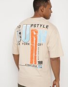  Tricou de bumbac bej cu mânecă scurtă și imprimeuri decorative pe spate și pe față Azariel