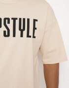  Tricou de bumbac bej cu mânecă scurtă și imprimeuri decorative pe spate și pe față Azariel